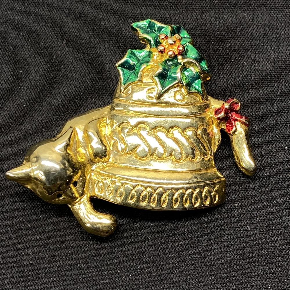 Gold Tone Enamel Christmas Brooch Pin Green‎ Red Cat Holly Christmas Festive Pin
